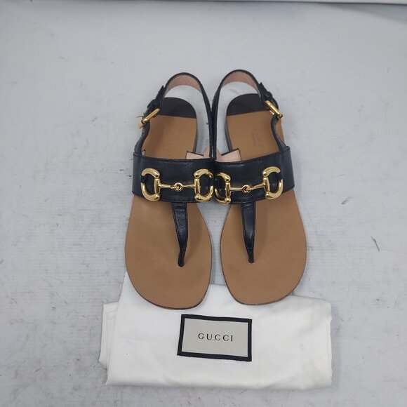 Gucci Shoes - GUCCI Black Baby Horsebit Thong Flat Leather Sandal